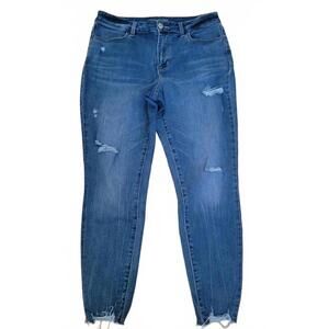 Maurices High Rise Medium Wash Distressed Frayed Hem Skinny Jeans L Reg